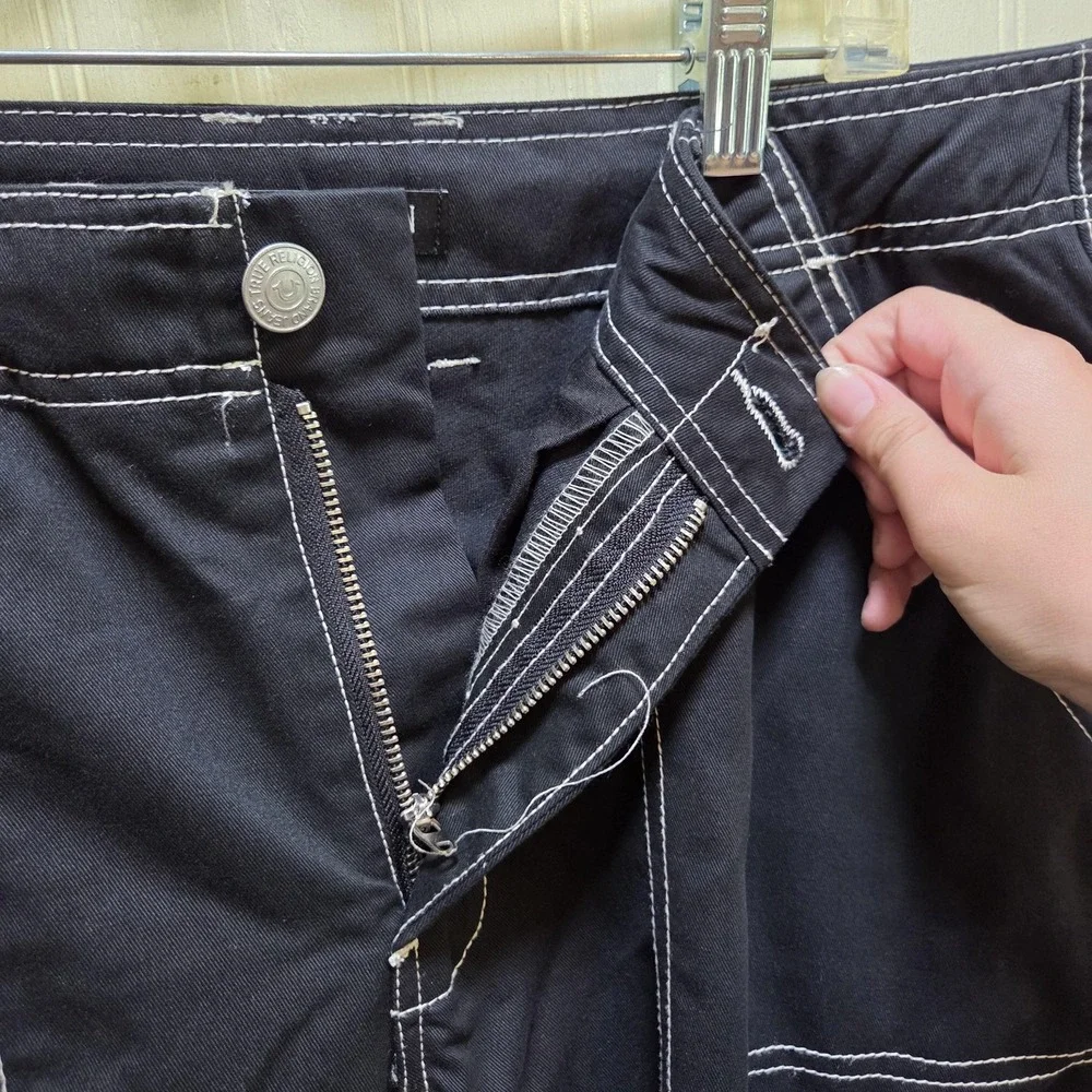 True Religion Mens‎ Cargo Pants Jet Black Pacific Blue Contrast Stitch 108335 36